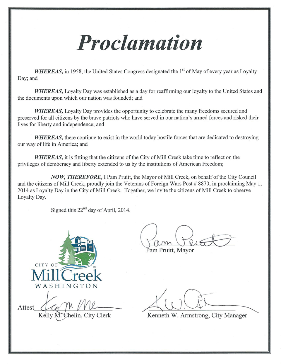 Loyalty Day Proclamation, City of Mill Creek, April 22, 2014