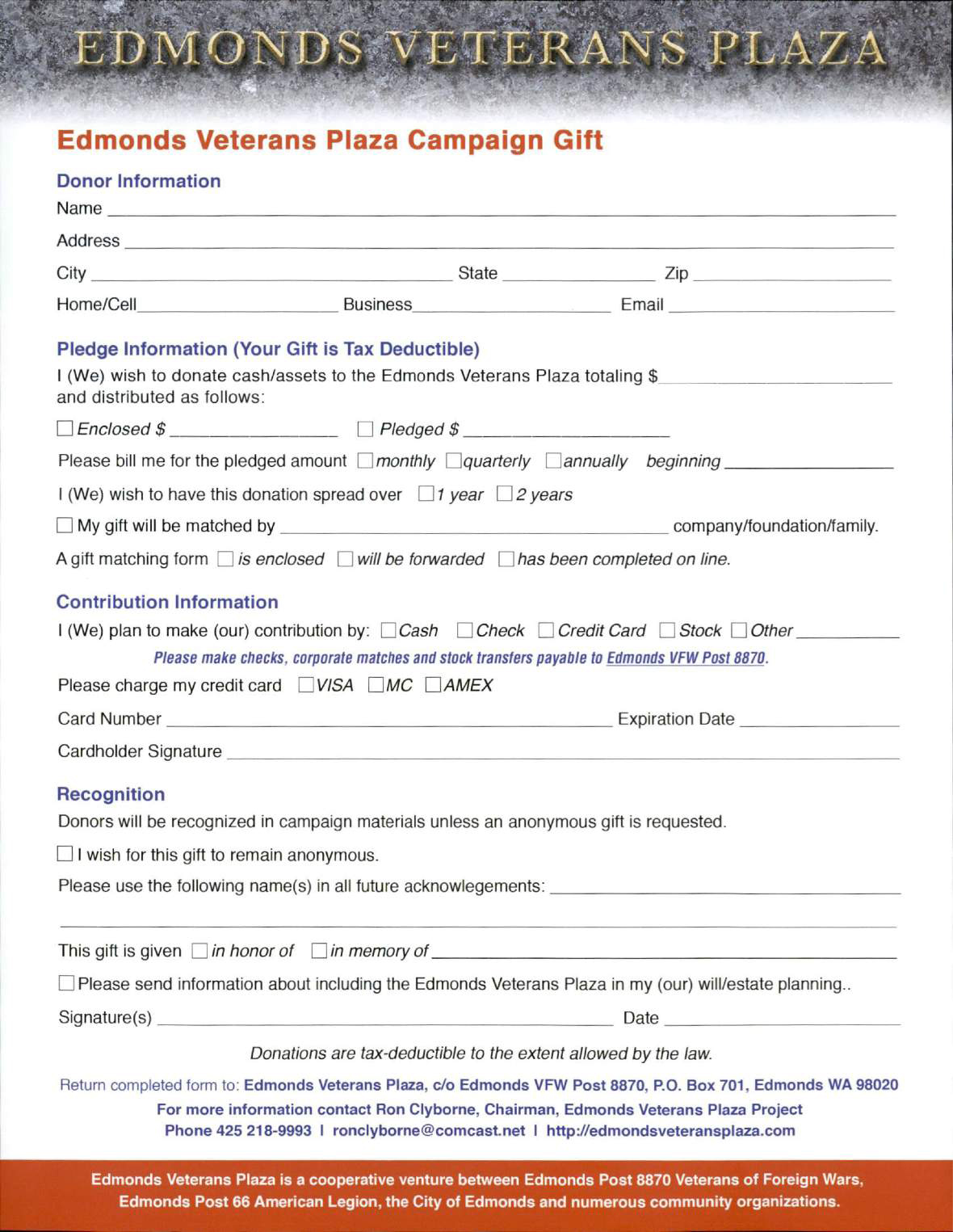 Edmonds Veterans Plaza Campaign Gift Form