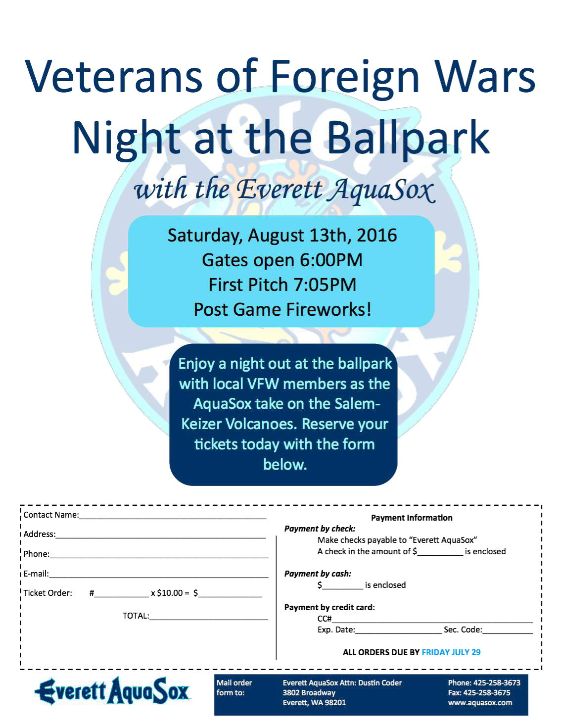 Veterans of Foreign Wars Night at the Ball park with the Everett Aquasox